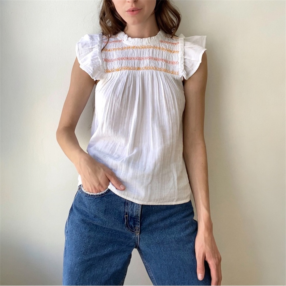 Greylin “Essie Smocked Top” Cotton Gauze in White Size Small